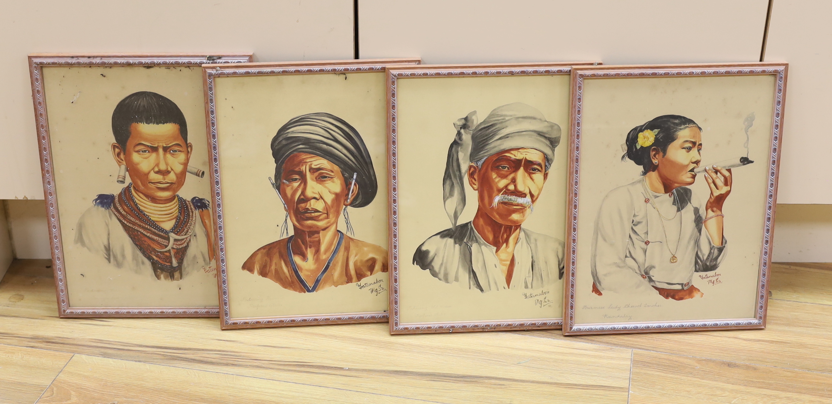 Maung Su Yatanabon (Burmese, 1903-1965), set of four watercolours, Portraits including Burmese lady and Palaung Old Man, each inscribed, 32 x 24cm